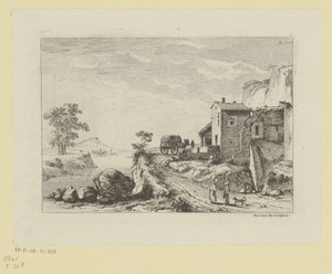Rivierlandschap met figuren en een hooiwagen op een weg