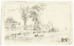 Rivierlandschap met hengelaar in een bootje