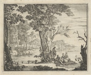 Rivierlandschap met hengelaars bij een beeld van Venus