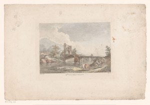 Rivierlandschap met herders bij een brug