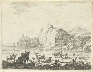 Rivierlandschap met herders en koeien