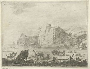 Rivierlandschap met herders en koeien