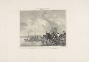 Rivierlandschap met hooiwagen en reizigers te paard