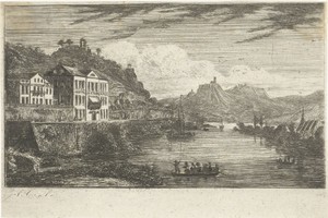 Rivierlandschap met hotel aan de kade