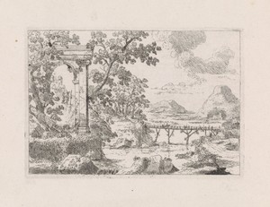 Rivierlandschap met houten brug