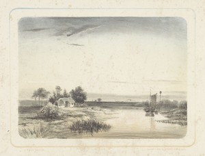 Rivierlandschap met huis en zeilboot