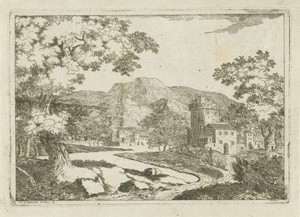 Rivierlandschap met huizen en torens