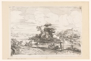 Rivierlandschap met kanovarende figuren rond een eiland