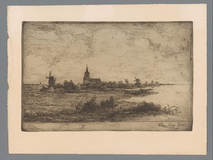 Rivierlandschap met kerk en molens