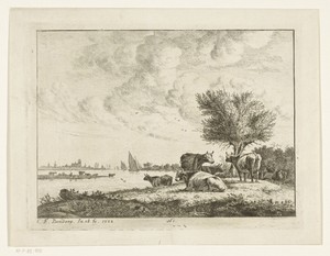 Rivierlandschap met koeien bij wilg op oever