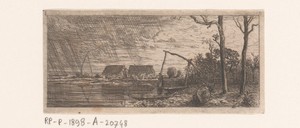 Rivierlandschap met liggende koe en een vrouw aan de oever