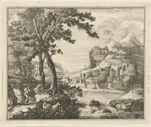 Rivierlandschap met man en kind aan de wandel