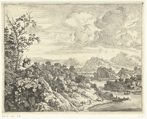Rivierlandschap met man met pak op zijn rug