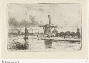 Rivierlandschap met molens