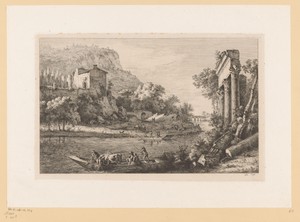 Rivierlandschap met overstekende figuren en ruïnes
