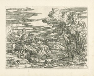 Rivierlandschap met paard aan leidsels