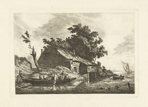 Rivierlandschap met pont bij oever