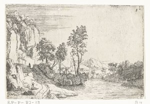 Rivierlandschap met rotspartij en rustende man