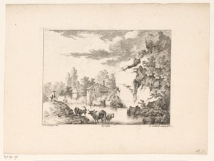 Rivierlandschap met rotswand en herder