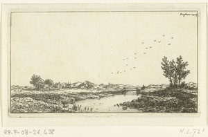 Rivierlandschap met ruiter bij een brug
