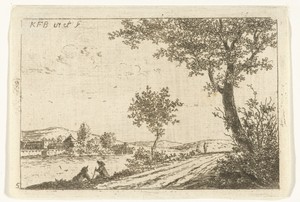 Rivierlandschap met rustende mannen op oever