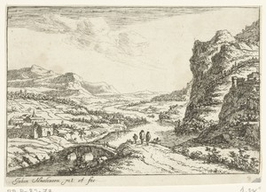 Rivierlandschap met stenen brug