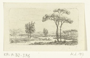 Rivierlandschap met stenen brug