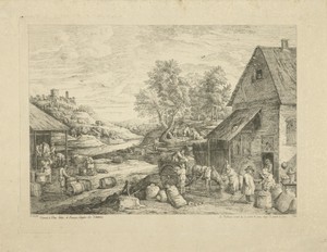 Rivierlandschap met tonnenmakerij en appelverkoop