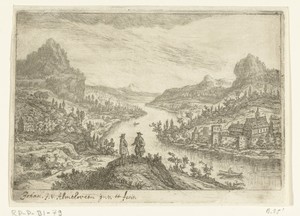 Rivierlandschap met twee mannen op een heuvel