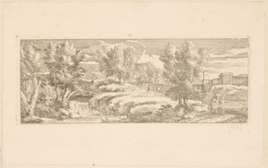 Rivierlandschap met twee wandelende figuren