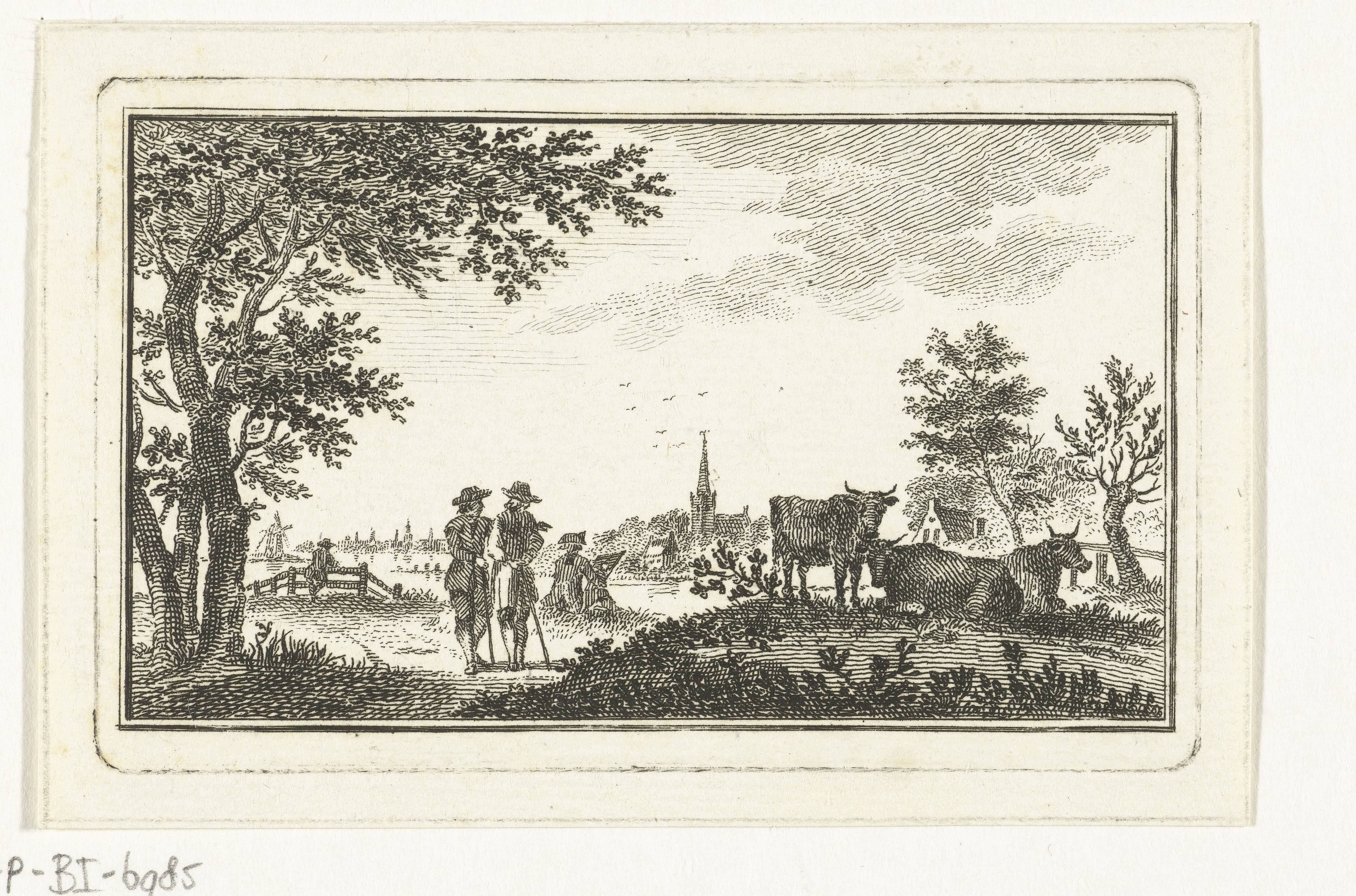 Rivierlandschap met wandelaars en tekenaar bij dorp by Abraham Delfos