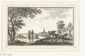 Rivierlandschap met wandelaars en tekenaar bij dorp