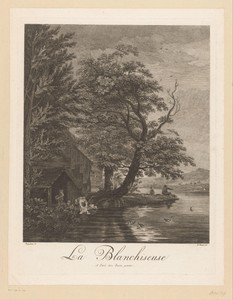 Rivierlandschap met wasvrouw en visser