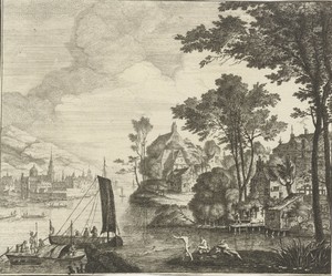 Rivierlandschap met zwemmers