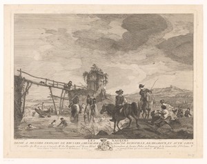 Rivierlandschap met zwemmers en paarden