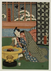 RL side of Kasugaya Tokijiro and Yamanaya Urasato by a Hibachi as Snow Falls Outside