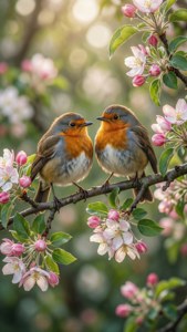 Robins on Blossom Branch
