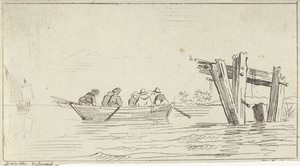 Roeiboot met figuren op een rivier