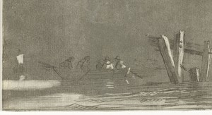 Roeiboot met figuren op een rivier