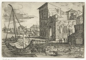 Roeiboot voor anker aan de kade van de haven van Messina