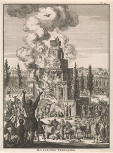 Romeinen rondom een reusachtige brandstapel waar een adelaar vanuit de vlammen opstijgt