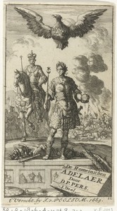 Romeinse keizer met scepter en wereldbol, boven hem vliegt een adelaar met een kroon in de klauwen