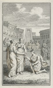 Romeinse soldaat knielt voor een vrouw