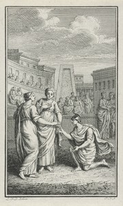 Romeinse soldaat knielt voor een vrouw