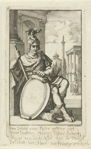 Romeinse soldaat steunend op een schild