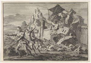Romeinse soldaten hebben een toren op de muur van Gamala door ondergraving doen instorten