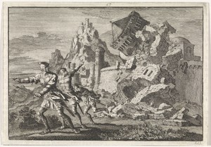 Romeinse soldaten hebben een toren op de muur van Gamala door ondergraving doen instorten