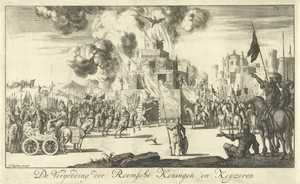 Romeinse soldaten rondom een brandstapel waar een adelaar vanuit de vlammen opstijgt