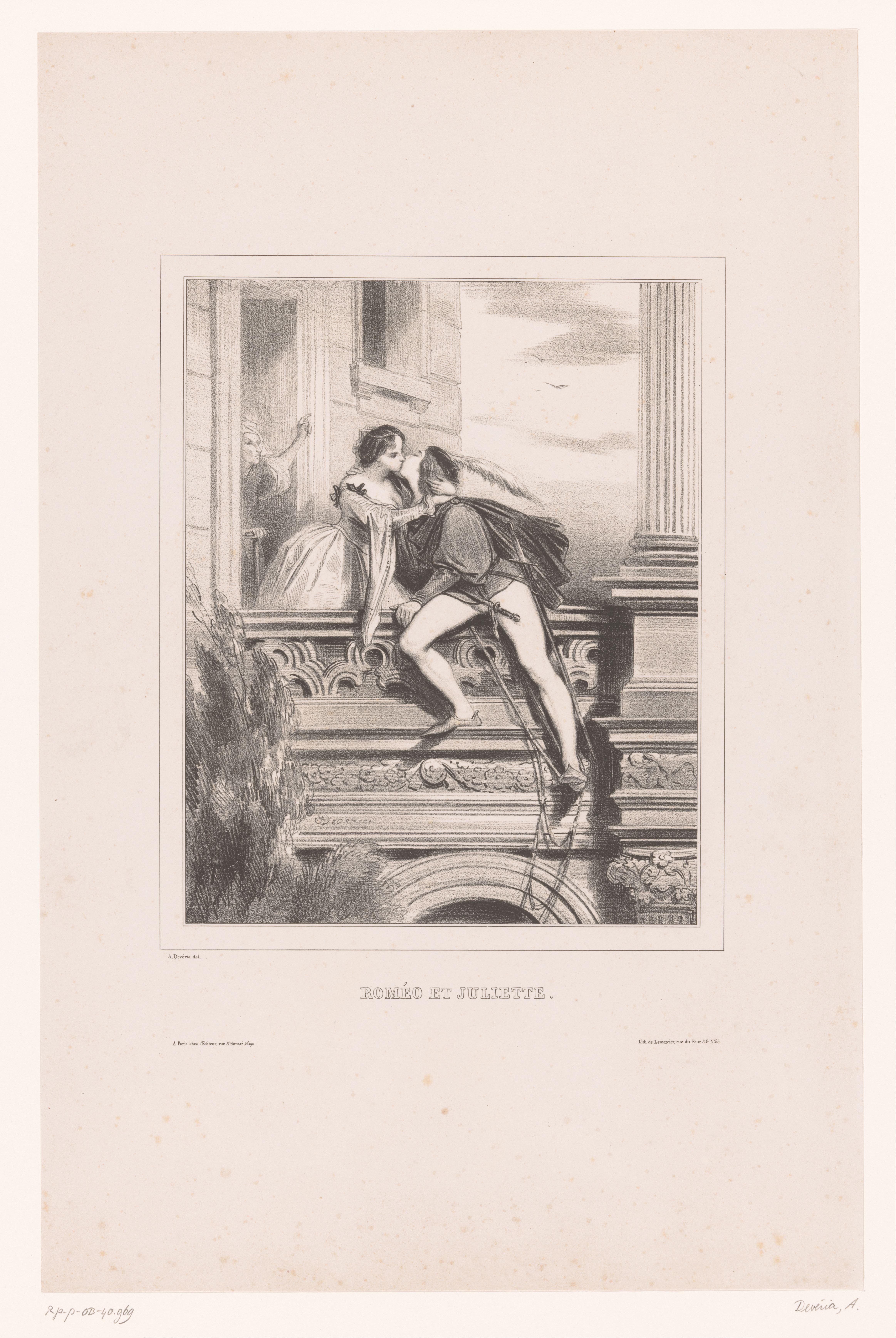 Romeo en Julia kussen elkaar op het balkon by Achille Devéria