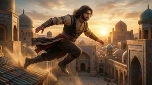 Rooftop Leap at Dusk